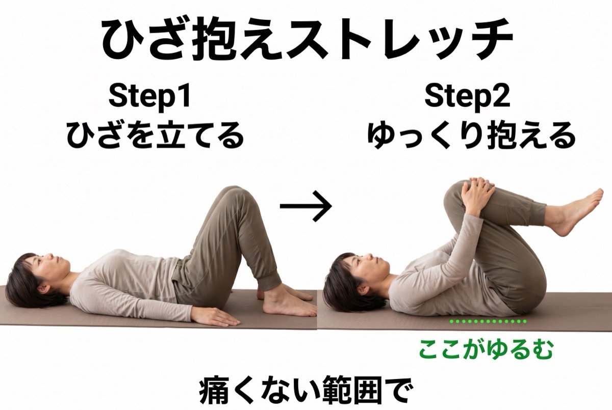 仰向けでひざを抱えるセルフケアの例