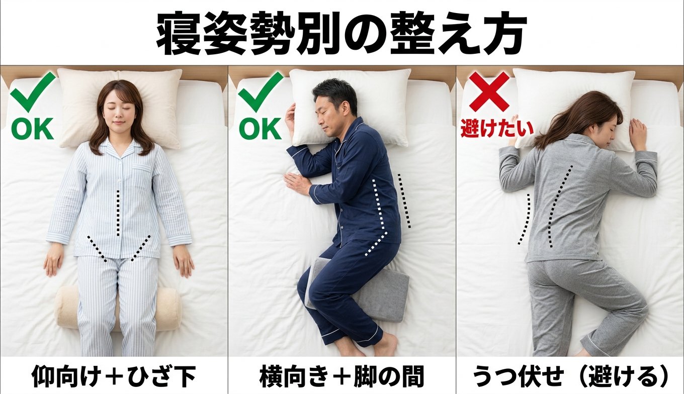 NG vs OK 比較図（寝姿勢3パターン）