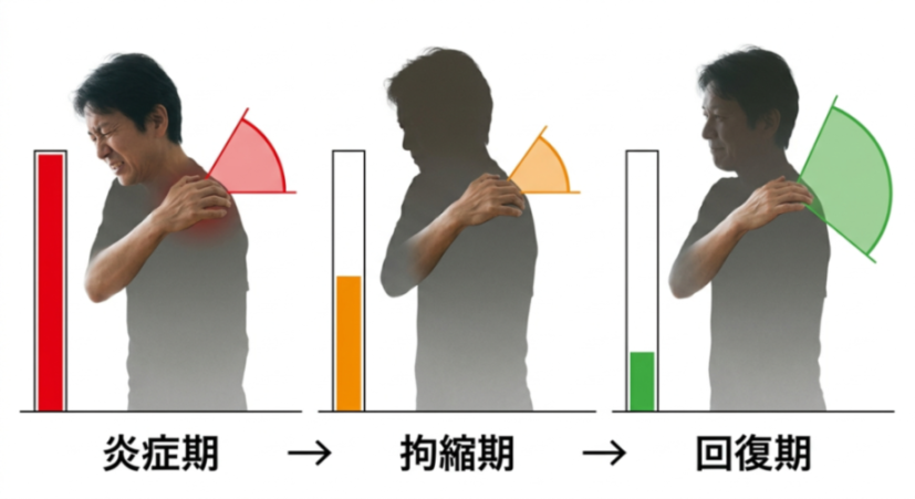 五十肩の経過を炎症期・拘縮期・回復期の3段階で示した解説図