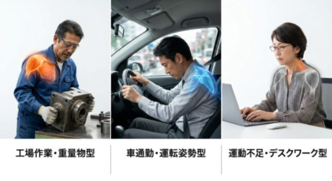 五十肩を工場作業型・車通勤型・運動不足型の3タイプで示したタイプ別比較図