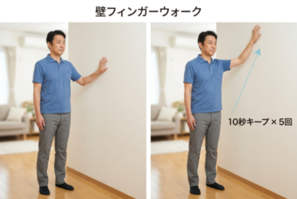 壁に向かい指先で壁を登らせる壁フィンガーウォークの図解