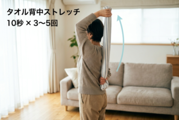 タオルを背中側で持ち上下の手で引き合うタオルストレッチの図解