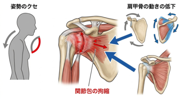 関節包の拘縮・肩甲骨の動きの低下・姿勢のクセが肩に負担を集める様子を示した解説図