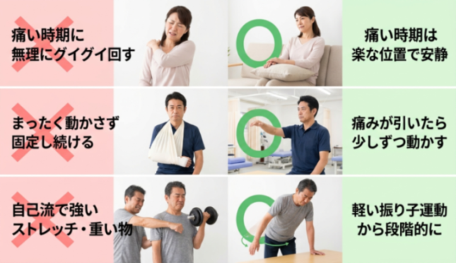 無理に回す・動かさない・自己流で強く伸ばすNG行動と楽な対処を対比した比較図