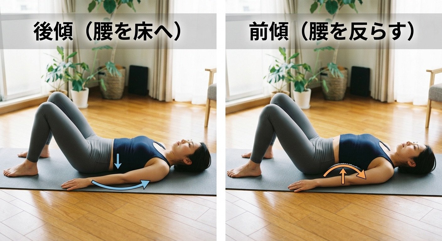 仰向けで骨盤の前傾・後傾を動かすセルフケアの動作を示した図解
