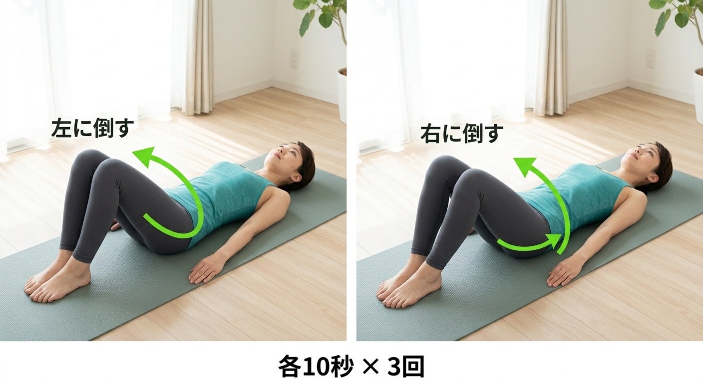 仰向けで両ひざを左右に倒すセルフケアの動作を示した図解