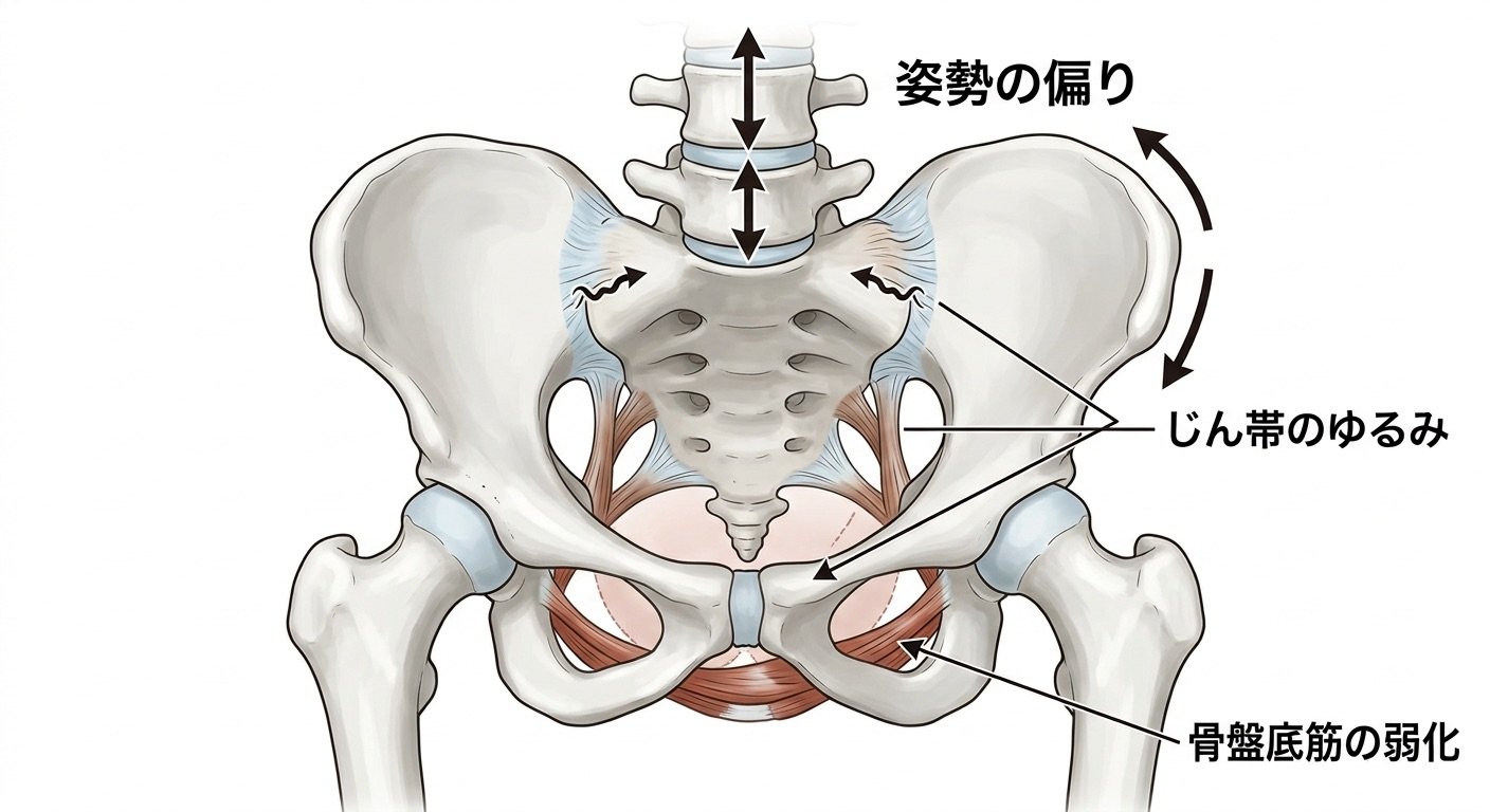 産後の骨盤まわりの状態を要素ごとに示した解説図