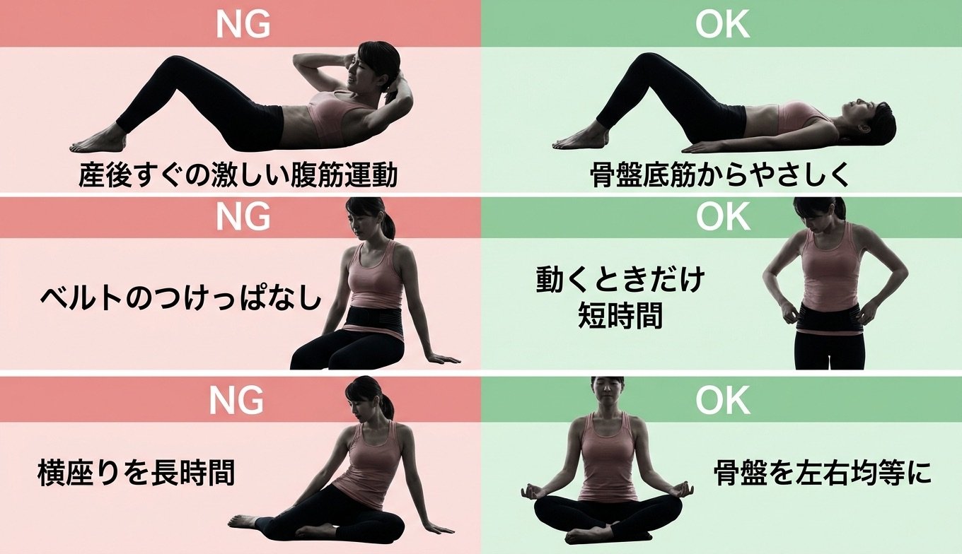 産後に避けたい行動と楽な過ごし方を左右で対比した図解