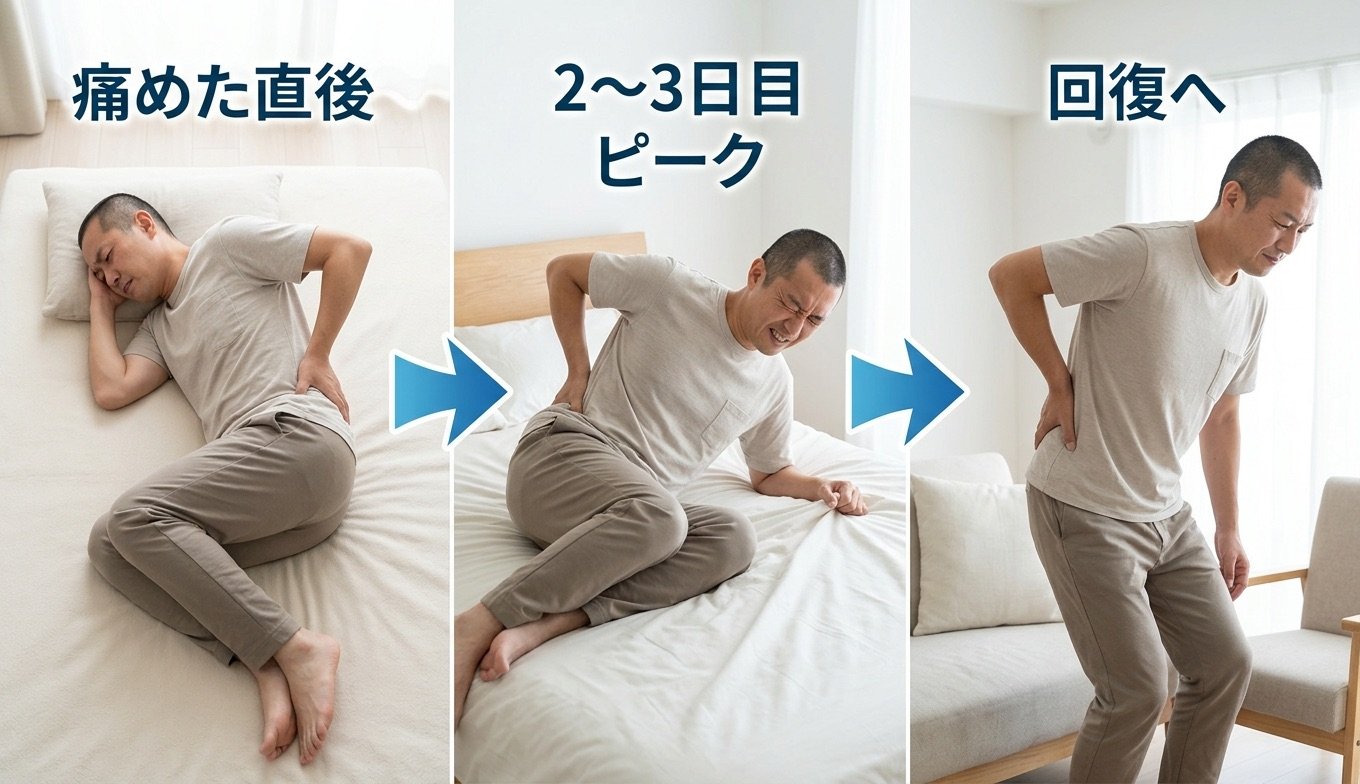 ぎっくり腰の経過を示す3ステップの解説図
