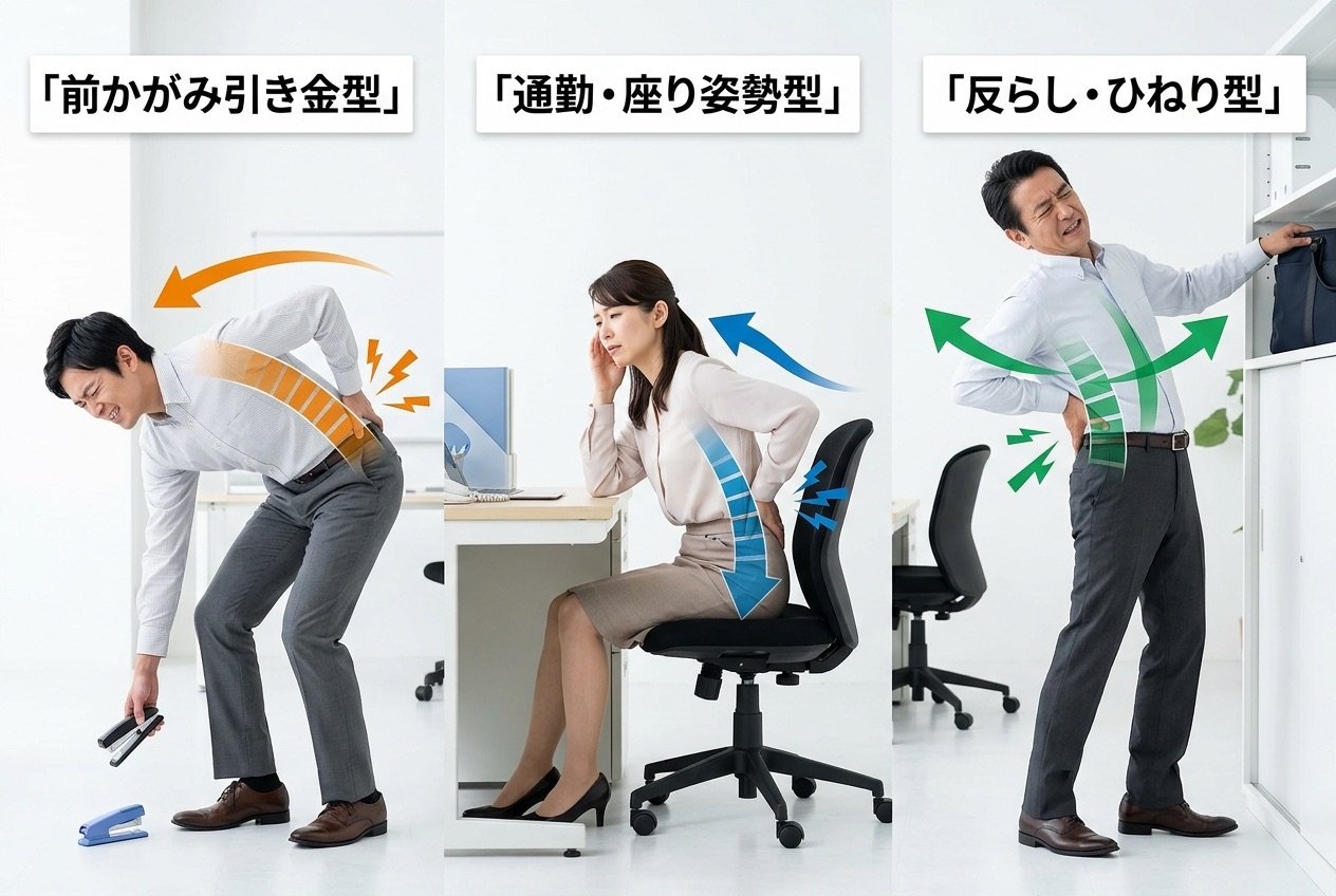 ぎっくり腰の3タイプを比較した図