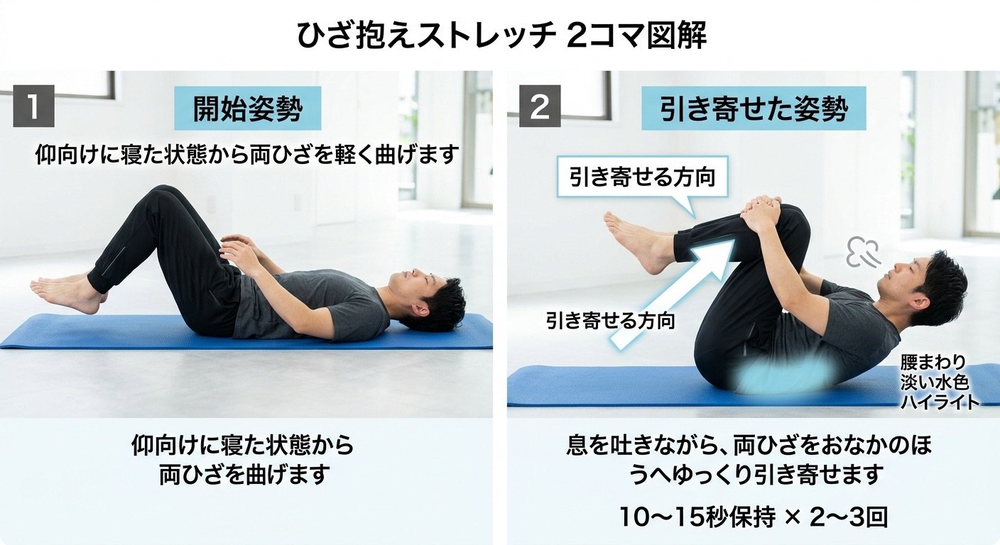 ひざ抱えストレッチの動作を示す図解