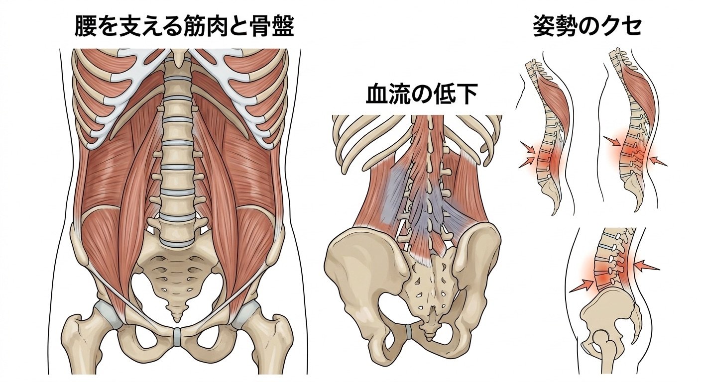 ぎっくり腰のメカニズムを示す解剖イメージ図