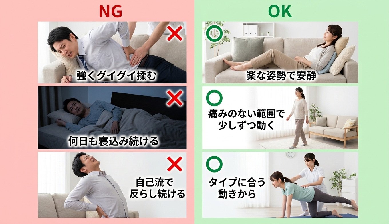 ぎっくり腰のNG行動とOK対処を対比した図