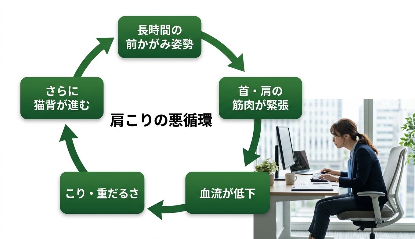 姿勢の崩れから筋肉の緊張・血流低下・こりへと進む肩こりの悪循環を示した図