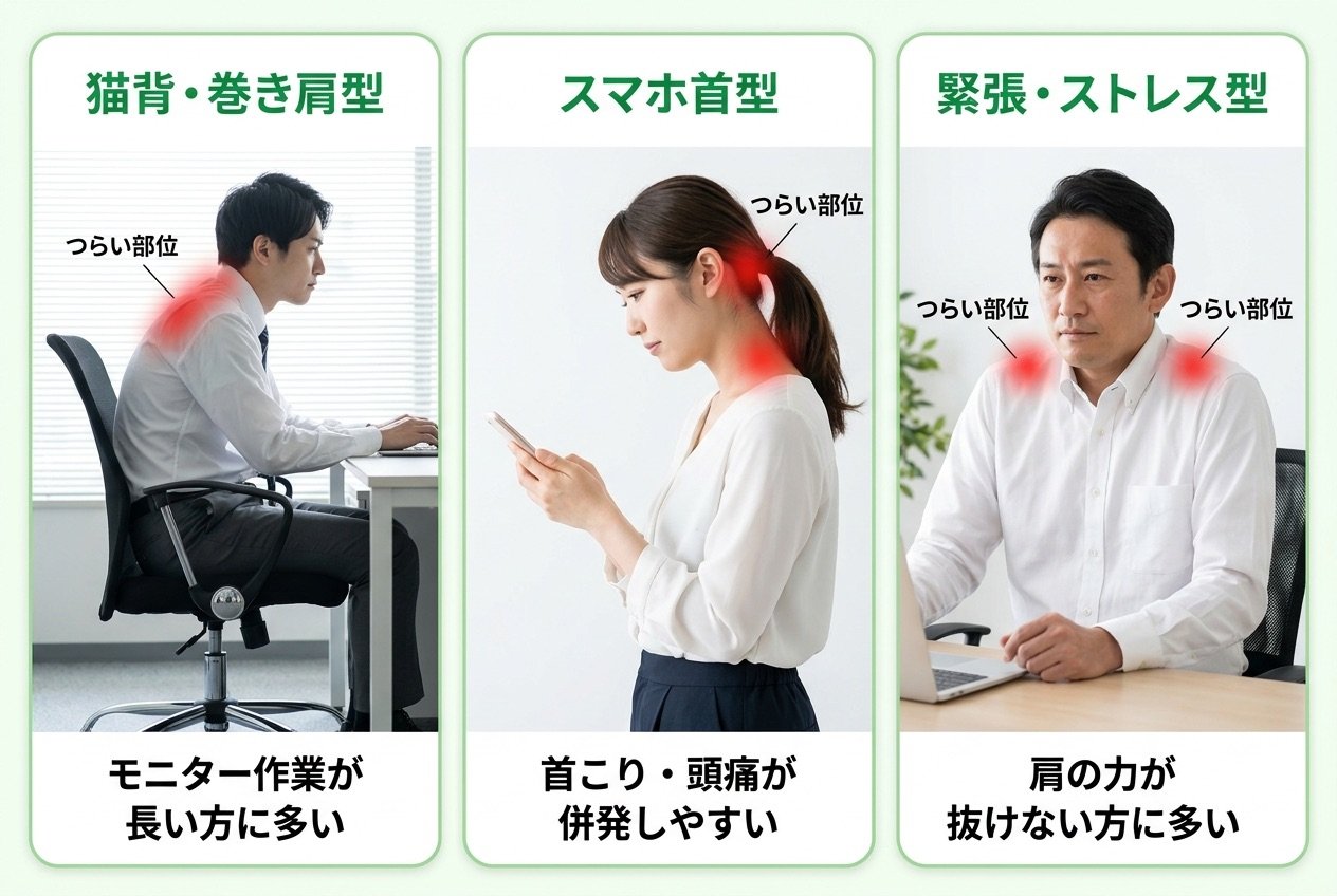 猫背巻き肩型・スマホ首型・緊張ストレス型の肩こり3タイプを比較した図