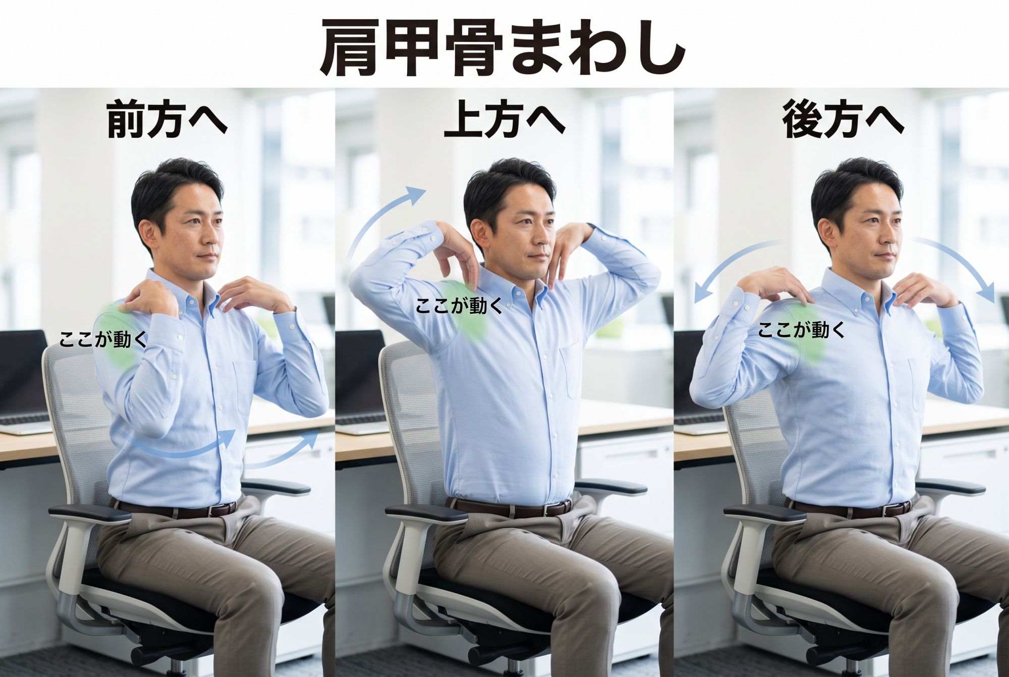 肩甲骨をまわすストレッチの動作を4コマで示した図解