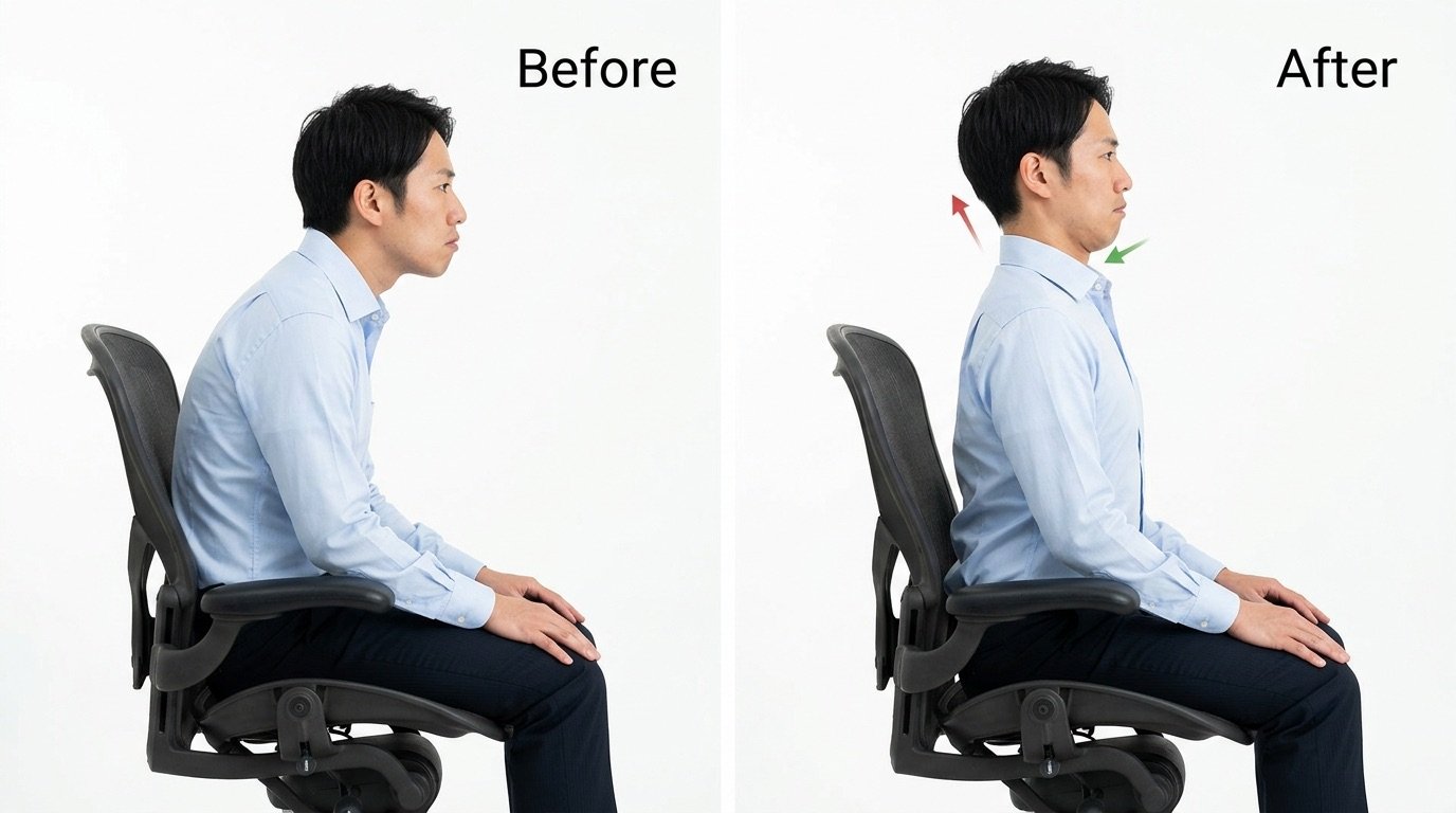 あごを水平に後ろへ引くストレッチの動作を2コマで示した図解