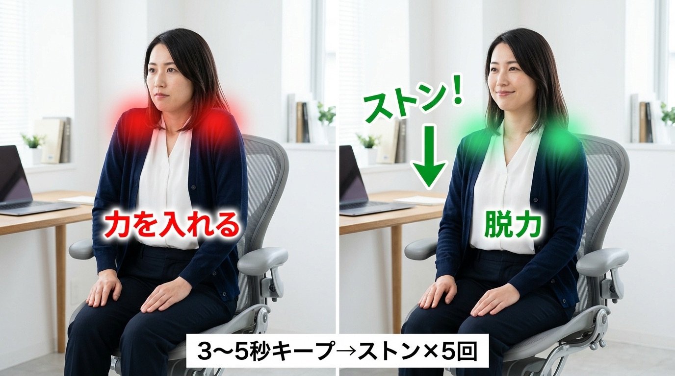 両肩をすくめてから脱力する動作を2コマで示した図解