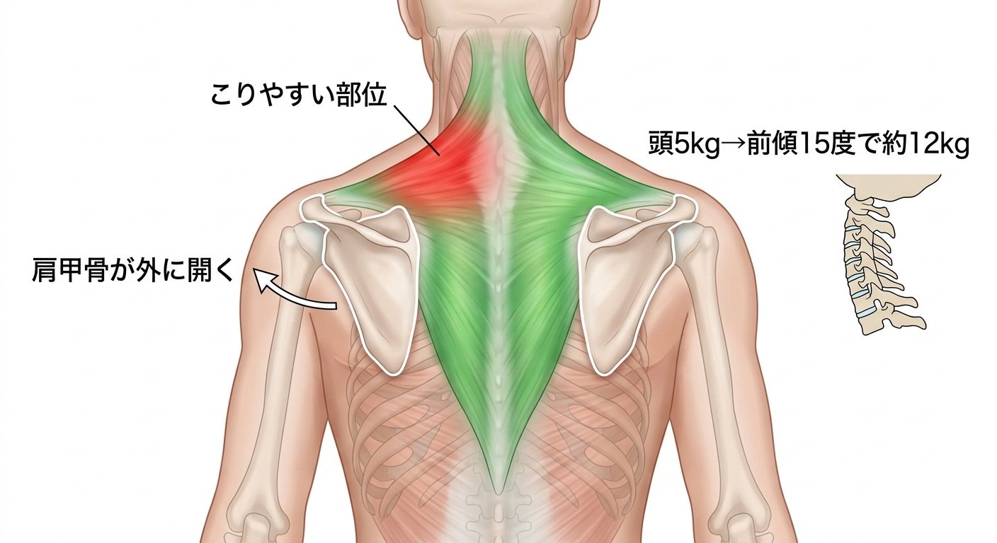 僧帽筋・肩甲骨・頸椎の関係と前かがみ姿勢の負担を示した解剖イメージ図