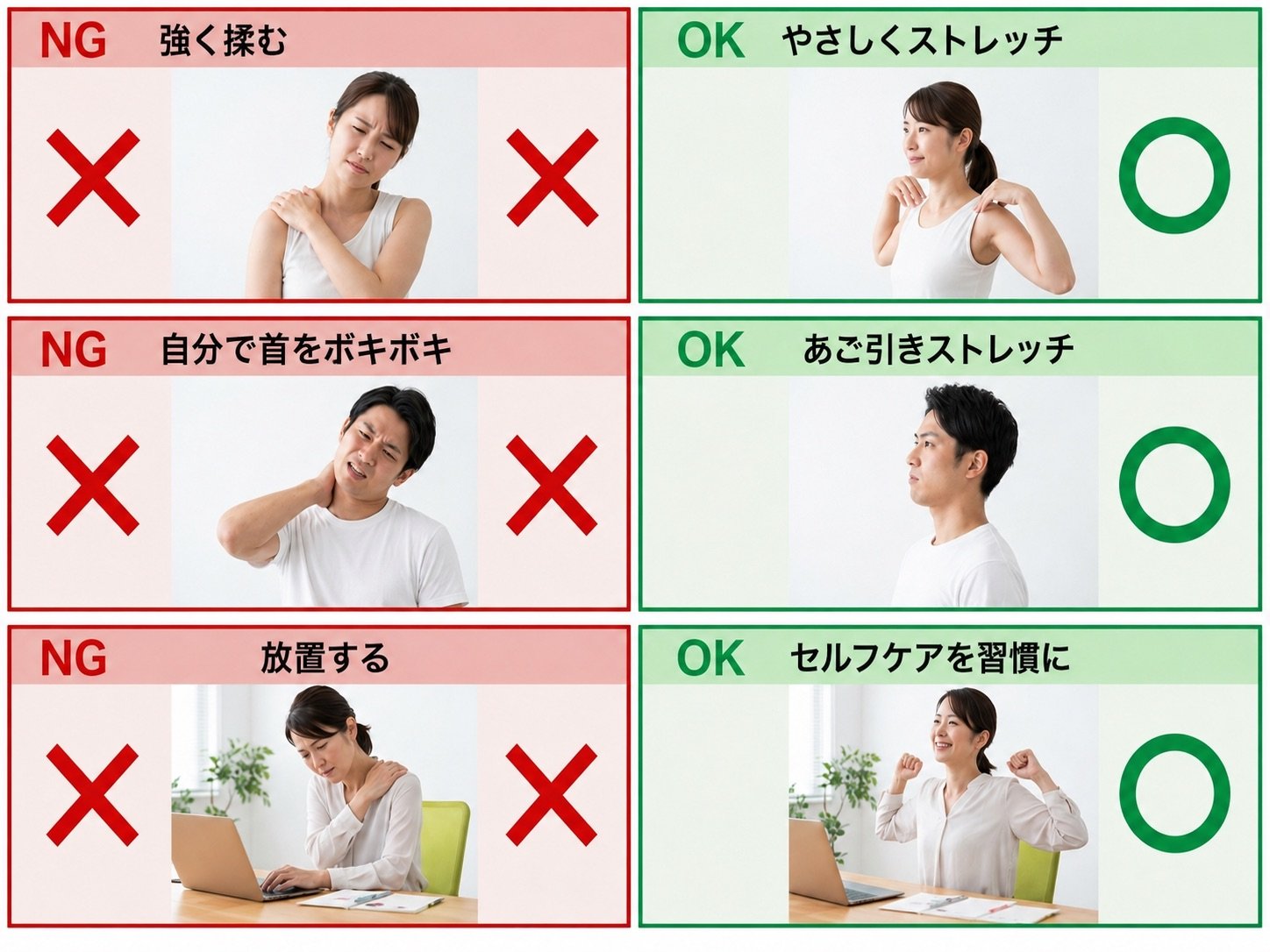 肩こりで避けたいNG行動と正しい対処を対比した図