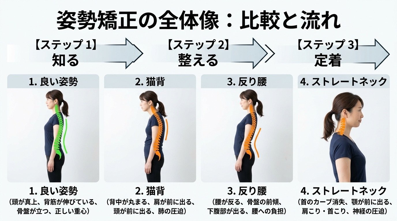 良い姿勢と猫背・反り腰・ストレートネックの比較と姿勢矯正の流れの図