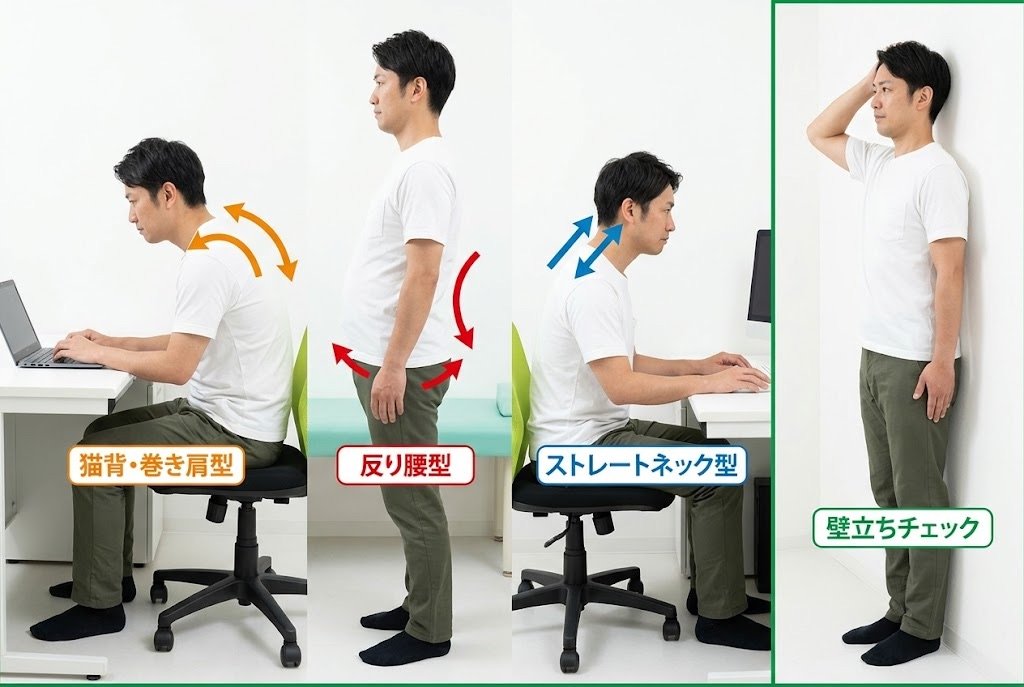 猫背巻き肩型・反り腰型・ストレートネック型の3タイプと壁立ちチェックの図