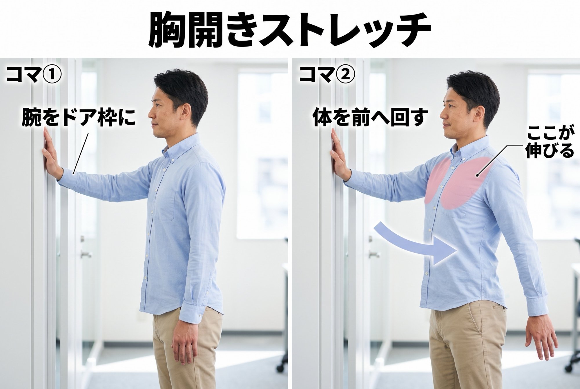 胸開きストレッチの手順を2コマで示した図解