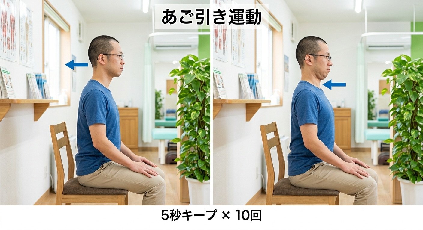 あご引き運動の手順を2コマで示した図解