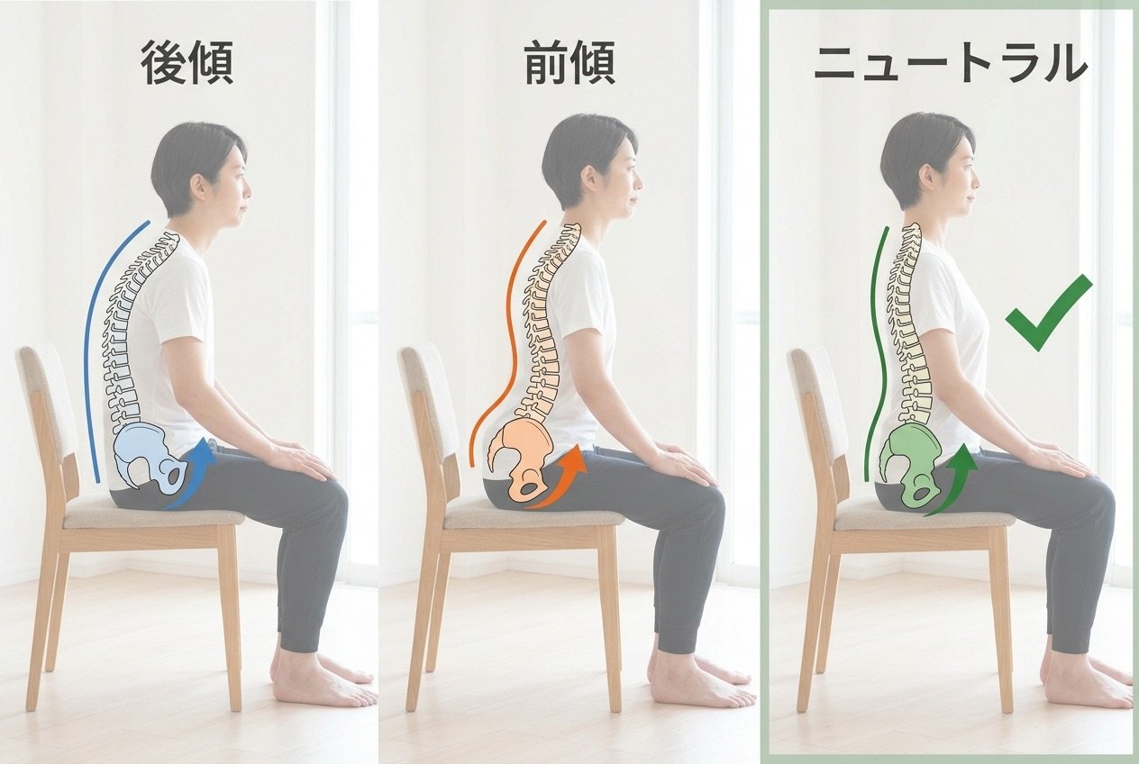 骨盤の後傾・前傾・ニュートラルの3姿勢を示した図解