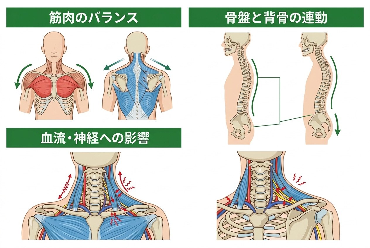 姿勢が崩れる仕組みを筋肉・骨盤と背骨・血流の3要素で示した解説図