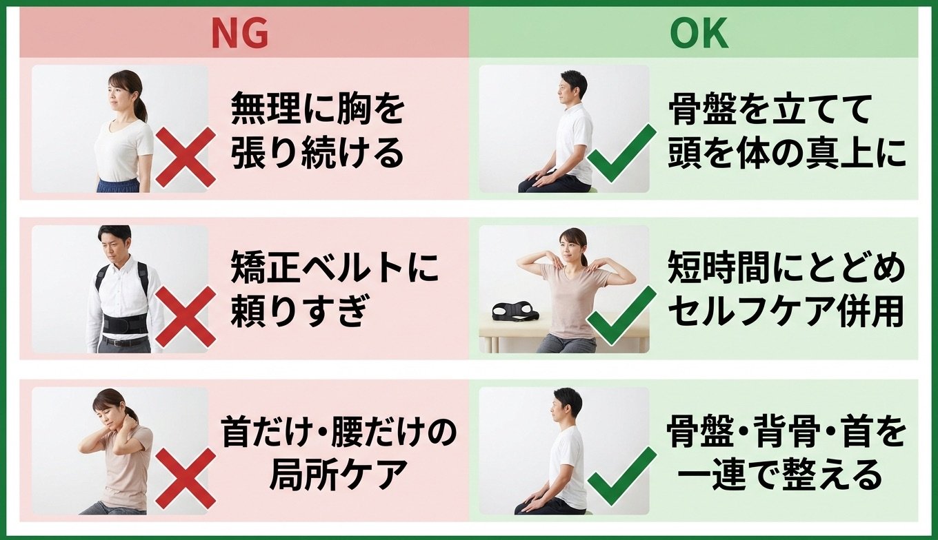 姿勢矯正で避けたい行動と目安になる対処を左右で対比した図