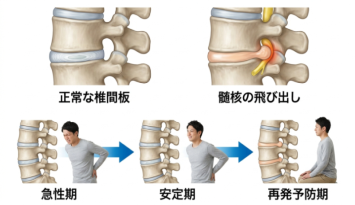 椎間板ヘルニアの全体像と回復までの流れを示した図