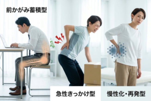ヘルニアの3タイプ（前かがみ蓄積・急性きっかけ・慢性再発）の比較図