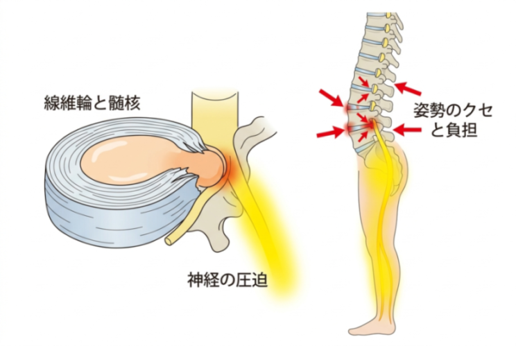 椎間板ヘルニアが起こる仕組みの解説図