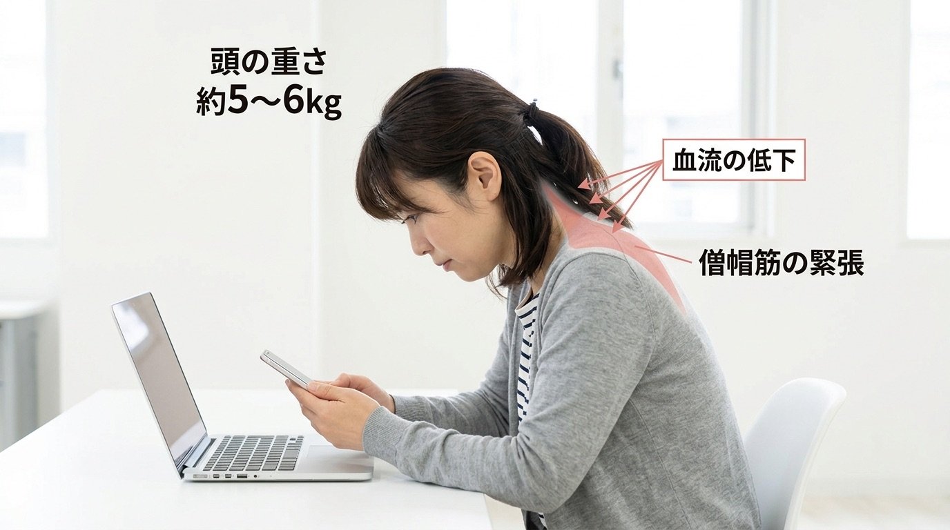 肩こりの全体像 僧帽筋の緊張と血流低下
