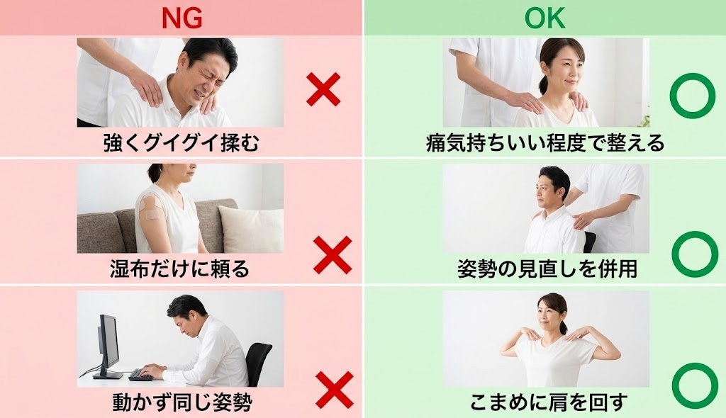肩こりNG行動とOK対処の比較