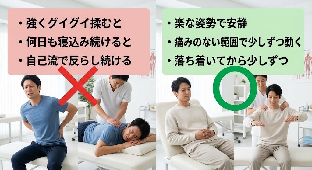 ぎっくり腰のNGとOK対処の比較図