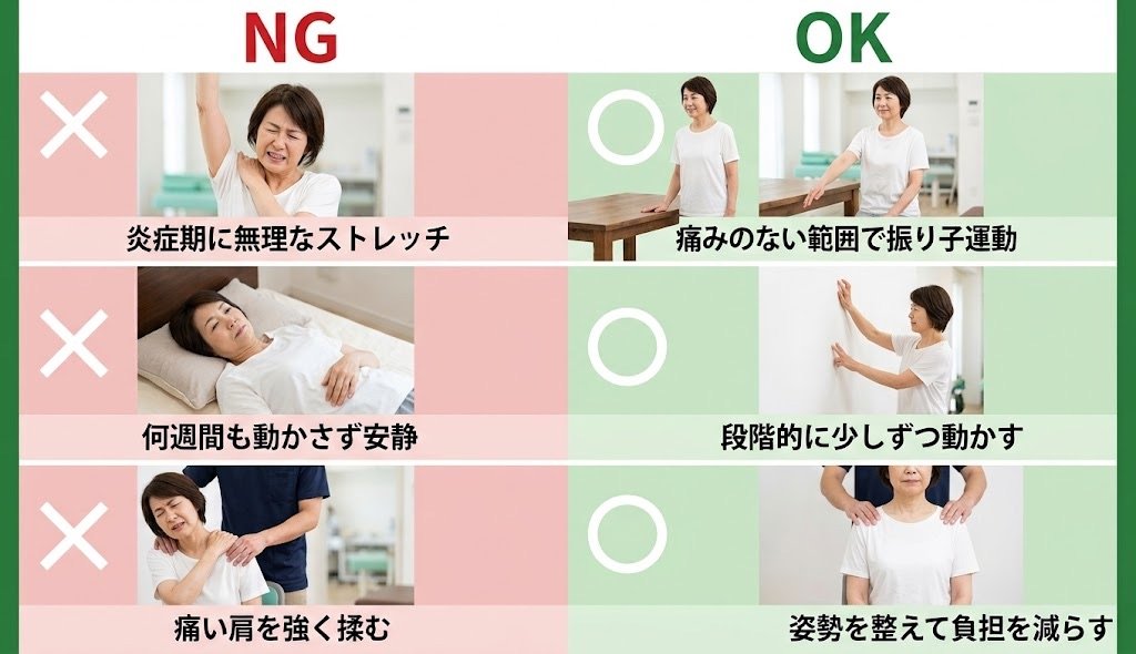 五十肩のNGとOK対処の比較図