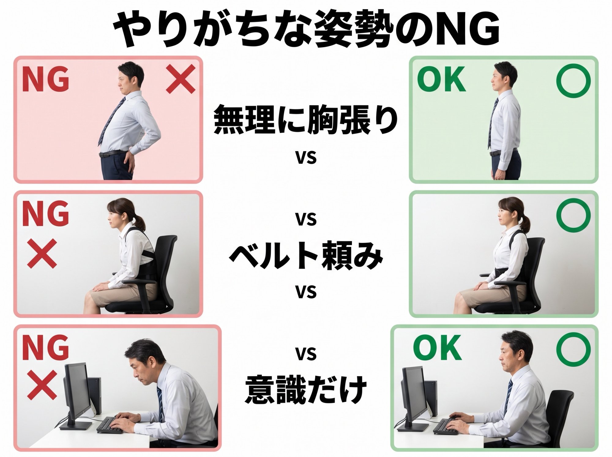 姿勢矯正のNGとOK対処の比較図