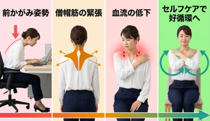 肩こりの原因となる姿勢と筋肉の緊張の全体像