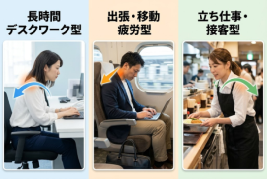 肩こりの3タイプ（デスクワーク・家事育児・立ち仕事）の比較図