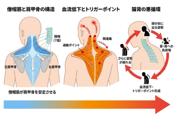 僧帽筋と肩甲骨・頸椎の関係を示した解説図