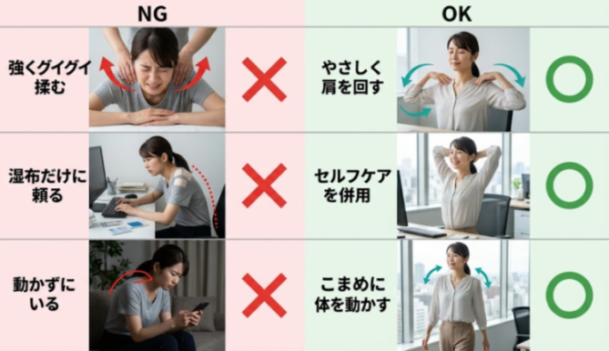 肩こりで避けたい行動と対処の目安の比較