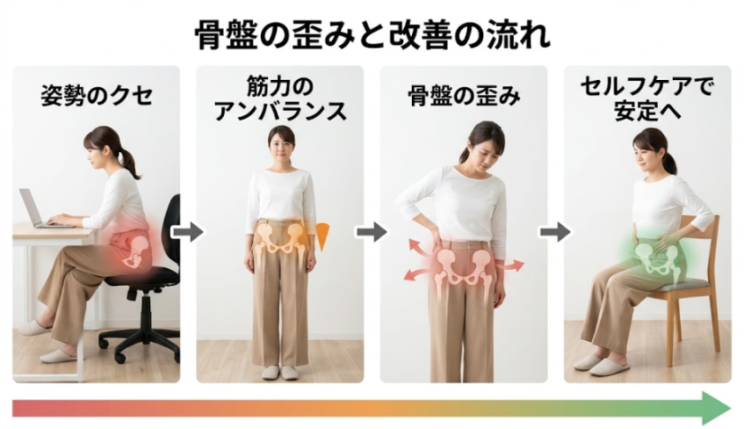 骨盤を支える筋肉と姿勢のクセの関係を示した解説図