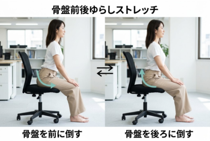 座って骨盤を前後にゆらすストレッチの図解