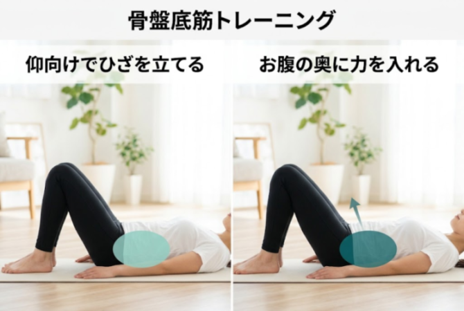 仰向けで骨盤まわりを意識するセルフケアの図解