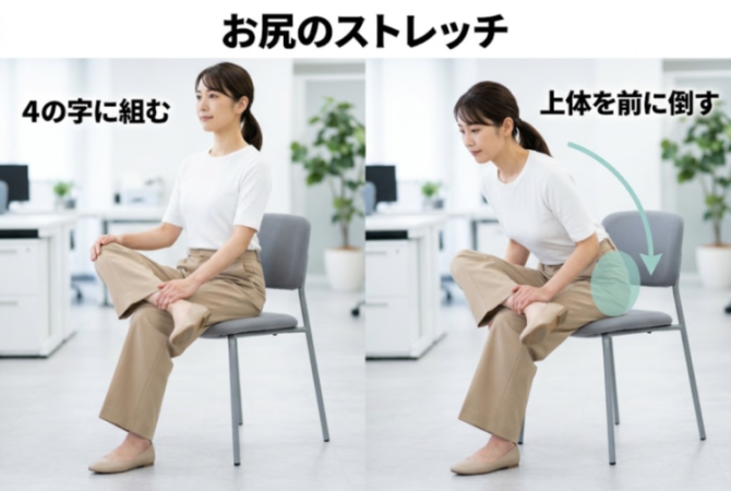 イスに座って行うお尻のストレッチの図解