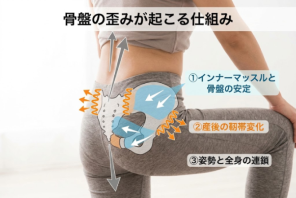 骨盤と仙腸関節・インナーマッスルの関係を示した解説イメージ