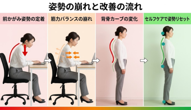 前かがみ姿勢と背骨のカーブの崩れを示した解説図