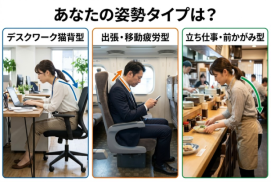 姿勢の崩れ3タイプを並べた比較図